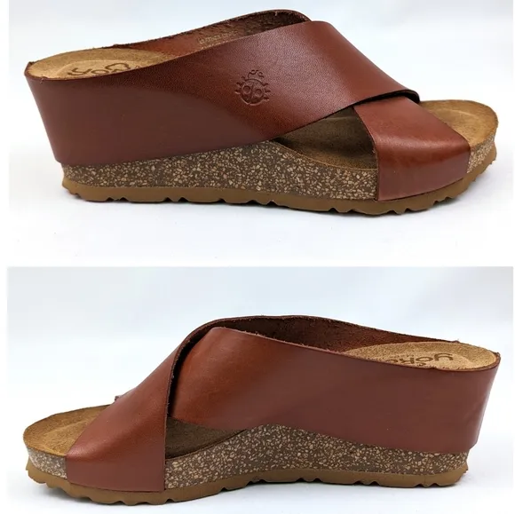Yokono Criss Cross Cork Wedge Leather Sandals Slip On Cognac Brown size 6.5