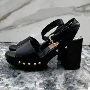 ZARA Anklestrap Wooden Clogs Black LEATHER SANDALS with Studs Size 38