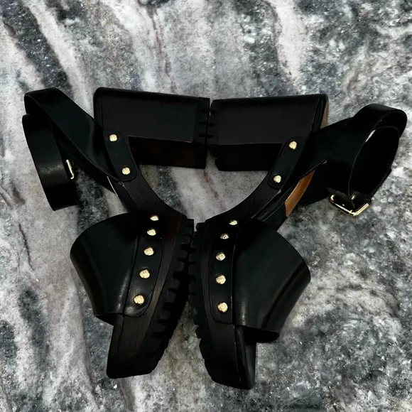 ZARA Anklestrap Wooden Clogs Black LEATHER SANDALS with Studs Size 38