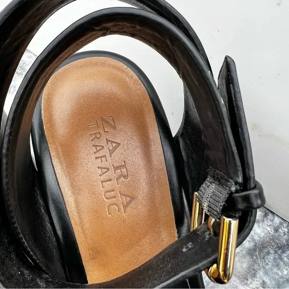 ZARA Anklestrap Wooden Clogs Black LEATHER SANDALS with Studs Size 38