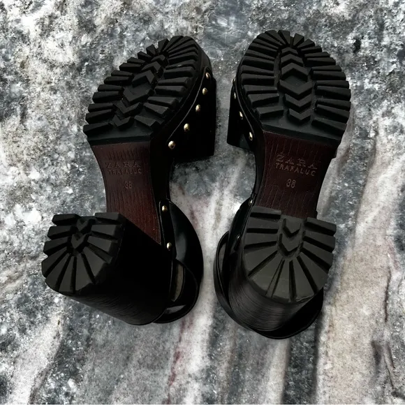 ZARA Anklestrap Wooden Clogs Black LEATHER SANDALS with Studs Size 38