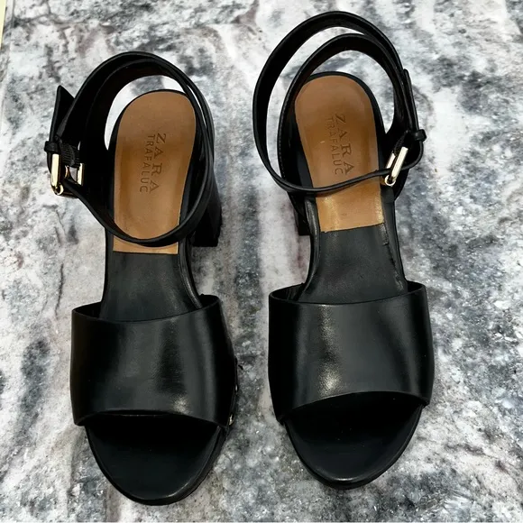 ZARA Anklestrap Wooden Clogs Black LEATHER SANDALS with Studs Size 38
