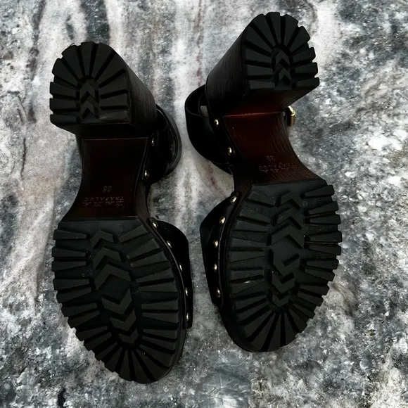 ZARA Anklestrap Wooden Clogs Black LEATHER SANDALS with Studs Size 38