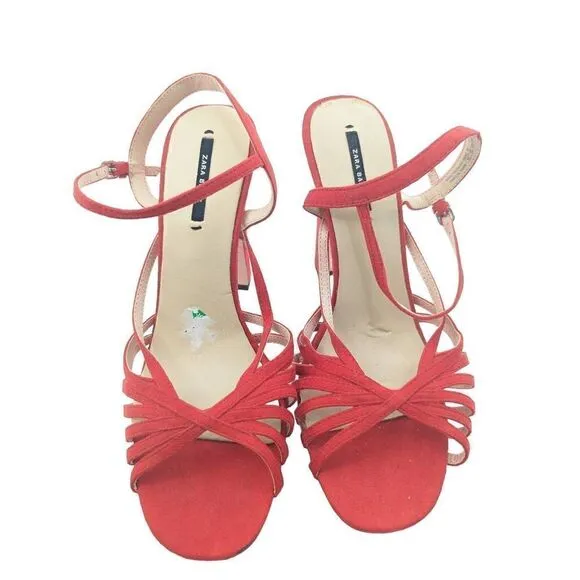 Zara Basic Women's Red Suede Platform Heels Sandals Size 40 EU