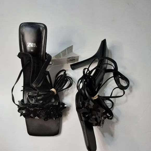 Zara beaded lace-up heeled sandals