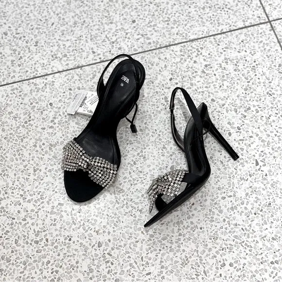Zara Black Embellished Bow High Heel Sandals