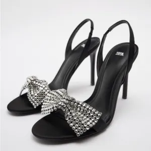 Zara Black Embellished Bow High Heel Sandals