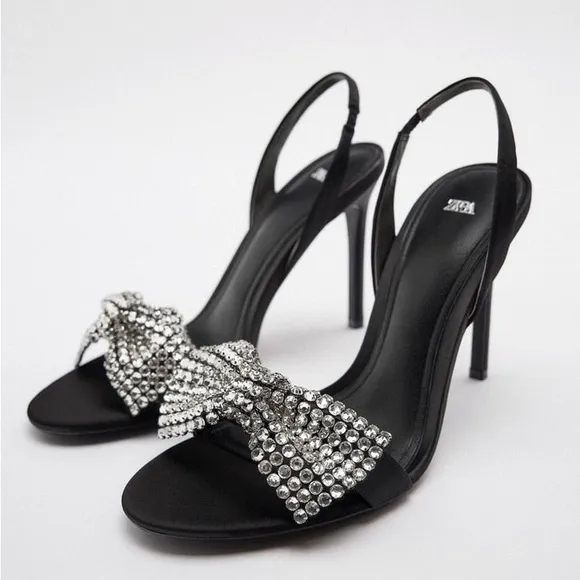 Zara Black Embellished Bow High Heel Sandals