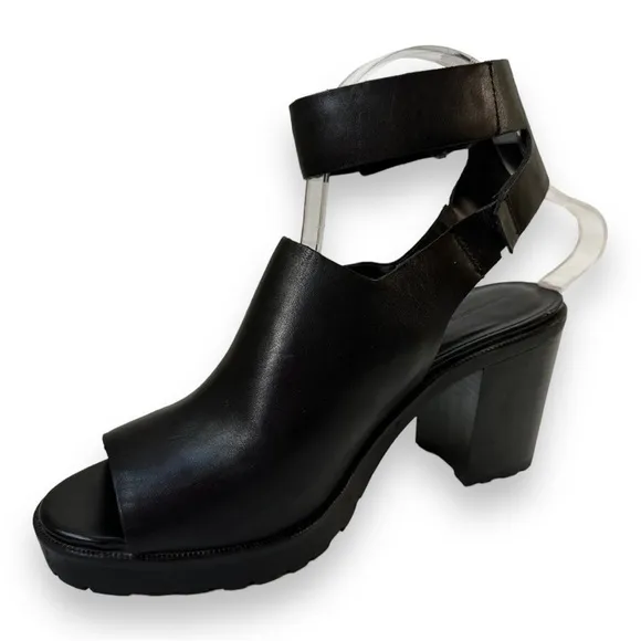 Zara Black Leather Chunky Track Sole Ankle Strap Heeled Sandals | Size 39
