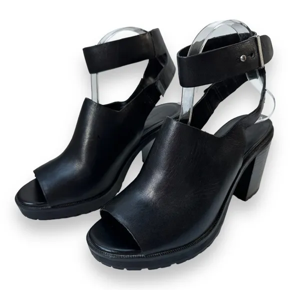 Zara Black Leather Chunky Track Sole Ankle Strap Heeled Sandals | Size 39