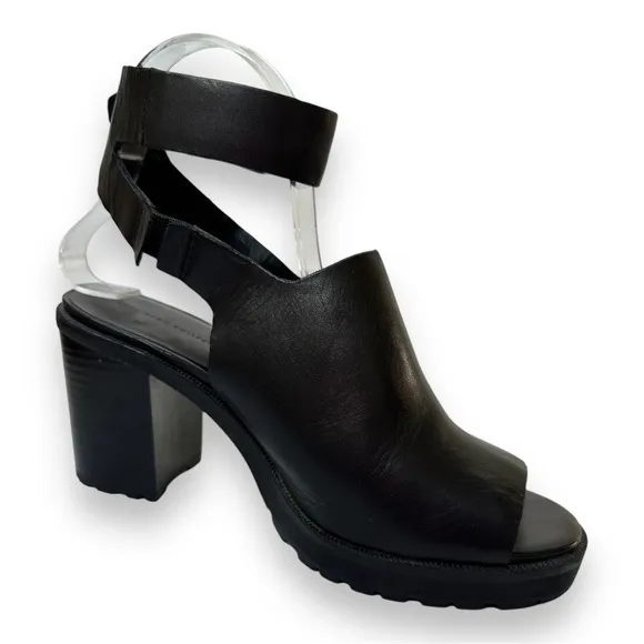 Zara Black Leather Chunky Track Sole Ankle Strap Heeled Sandals | Size 39
