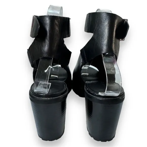 Zara Black Leather Chunky Track Sole Ankle Strap Heeled Sandals | Size 39