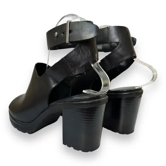 Zara Black Leather Chunky Track Sole Ankle Strap Heeled Sandals | Size 39