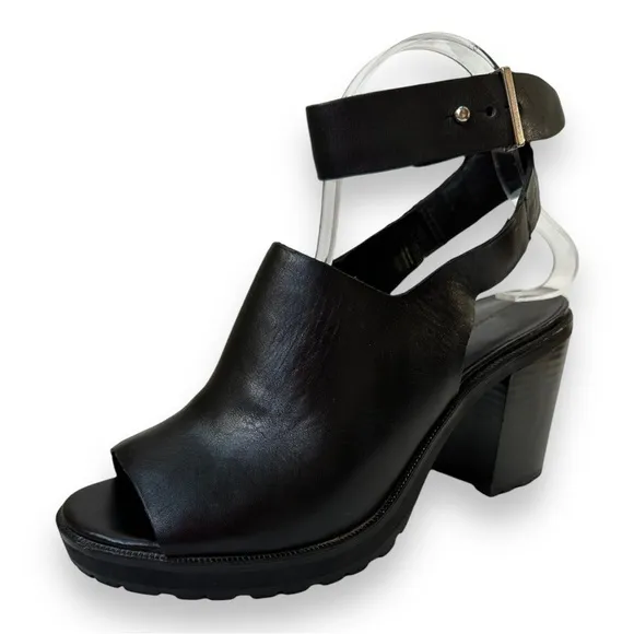 Zara Black Leather Chunky Track Sole Ankle Strap Heeled Sandals | Size 39