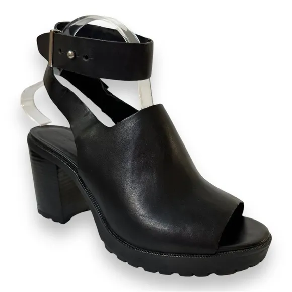 Zara Black Leather Chunky Track Sole Ankle Strap Heeled Sandals | Size 39