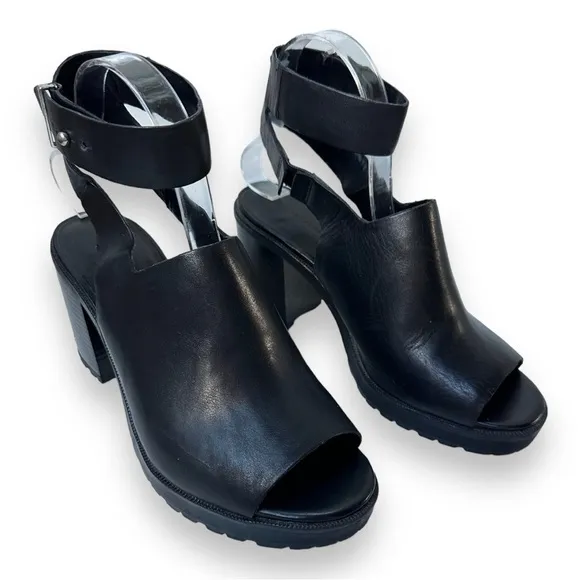 Zara Black Leather Chunky Track Sole Ankle Strap Heeled Sandals | Size 39