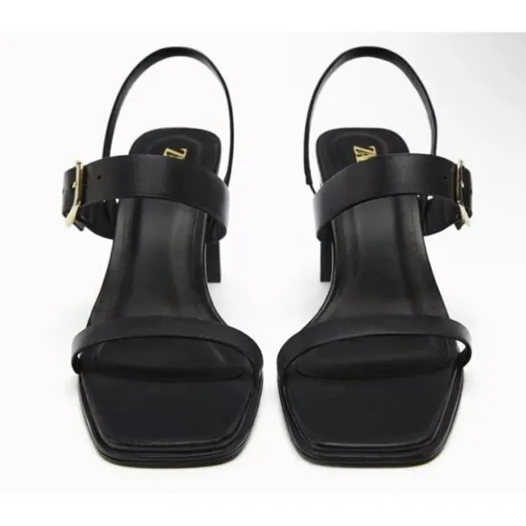 Zara Black Leather Minimalist High Heels Sandals Shoes Size 11