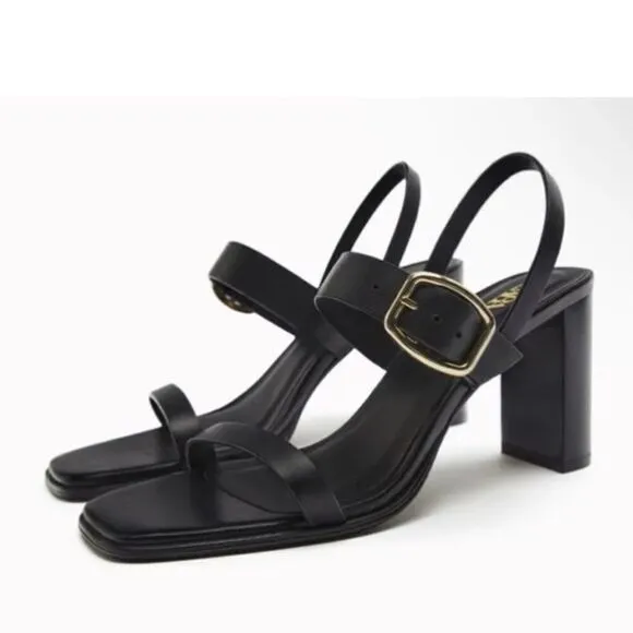 Zara Black Leather Minimalist High Heels Sandals Shoes Size 11