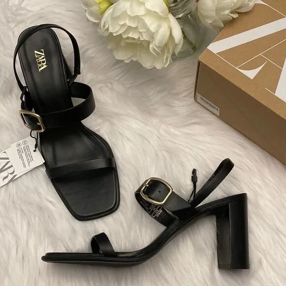 Zara Black Leather Minimalist High Heels Sandals Shoes Size 11