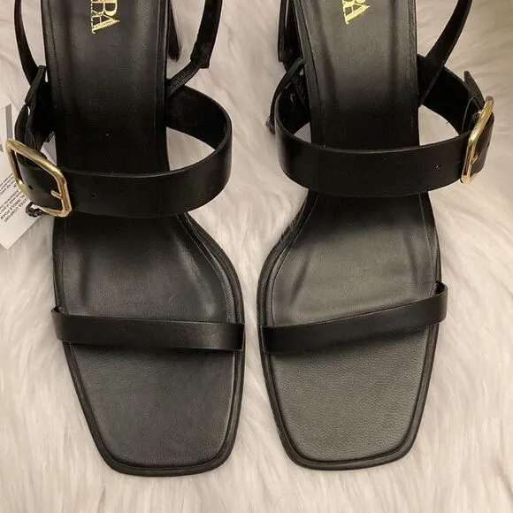 Zara Black Leather Minimalist High Heels Sandals Shoes Size 11