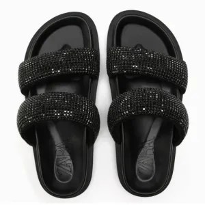 Zara Black🖤🖤🖤 Rhinestone Flat Sandals - Size 6 - NWT