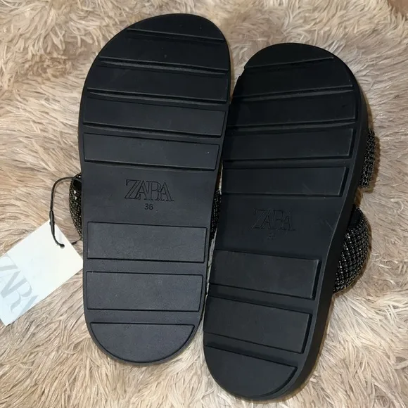 Zara Black🖤🖤🖤 Rhinestone Flat Sandals - Size 6 - NWT