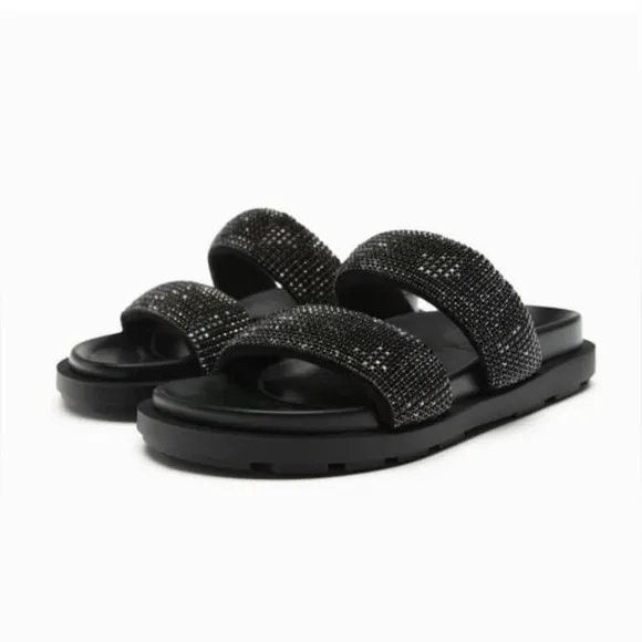 Zara Black🖤🖤🖤 Rhinestone Flat Sandals - Size 6 - NWT