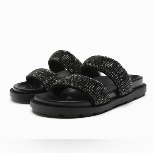 Zara Black🖤🖤🖤 Rhinestone Flat Sandals - Size 6 - NWT