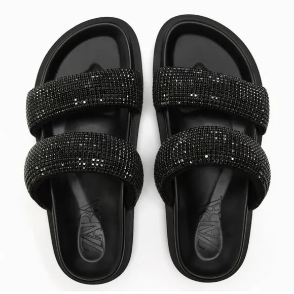Zara Black🖤🖤🖤 Rhinestone Flat Sandals - Size 6 - NWT