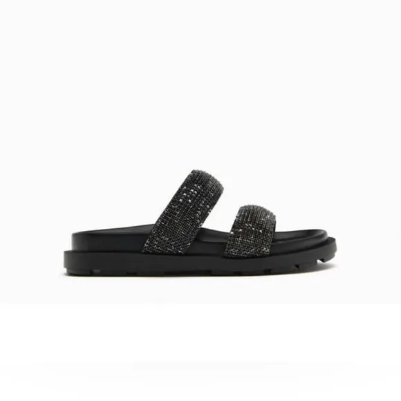 Zara Black🖤🖤🖤 Rhinestone Flat Sandals - Size 6 - NWT