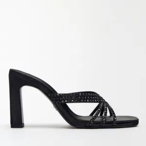 Zara Black Satin Effect Rhinestones Heeled Sandals Shoes