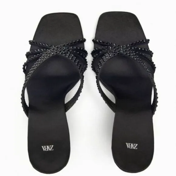 Zara Black Satin Effect Rhinestones Heeled Sandals Shoes