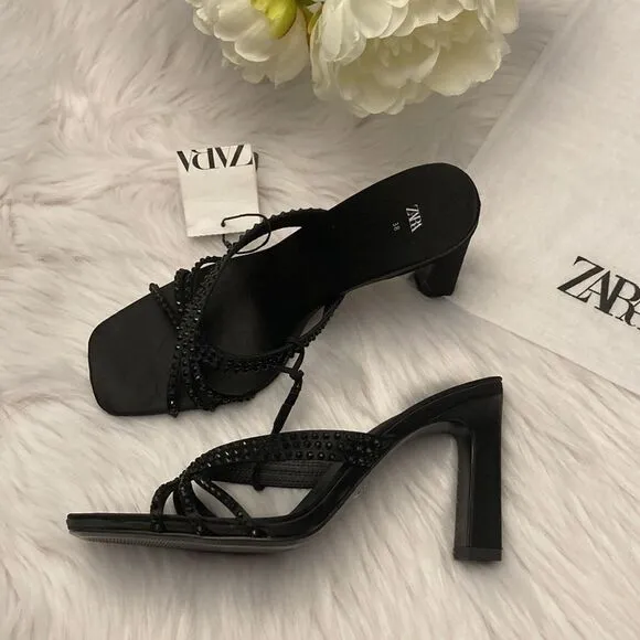 Zara Black Satin Effect Rhinestones Heeled Sandals Shoes