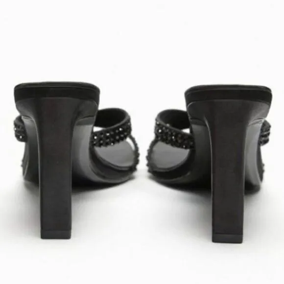 Zara Black Satin Effect Rhinestones Heeled Sandals Shoes