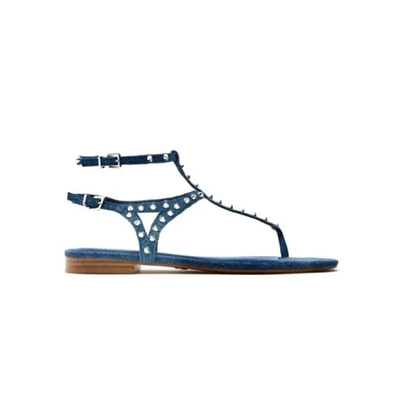 ZARA BLUE DENIM STUDDED GLADIATOR THONG TOE FLAT SANDALS🆕