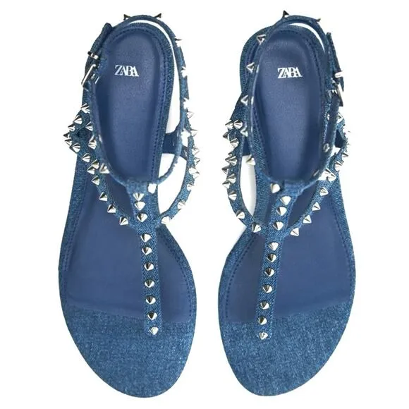 ZARA BLUE DENIM STUDDED GLADIATOR THONG TOE FLAT SANDALS🆕