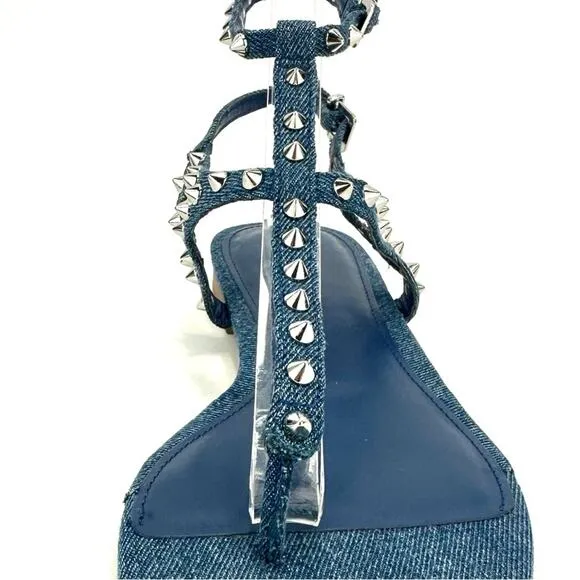 ZARA BLUE DENIM STUDDED GLADIATOR THONG TOE FLAT SANDALS🆕