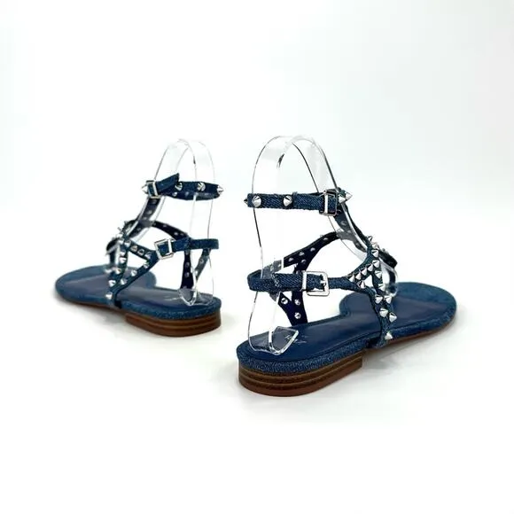 ZARA BLUE DENIM STUDDED GLADIATOR THONG TOE FLAT SANDALS🆕