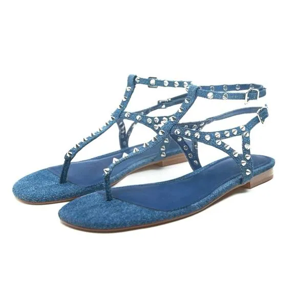 ZARA BLUE DENIM STUDDED GLADIATOR THONG TOE FLAT SANDALS🆕