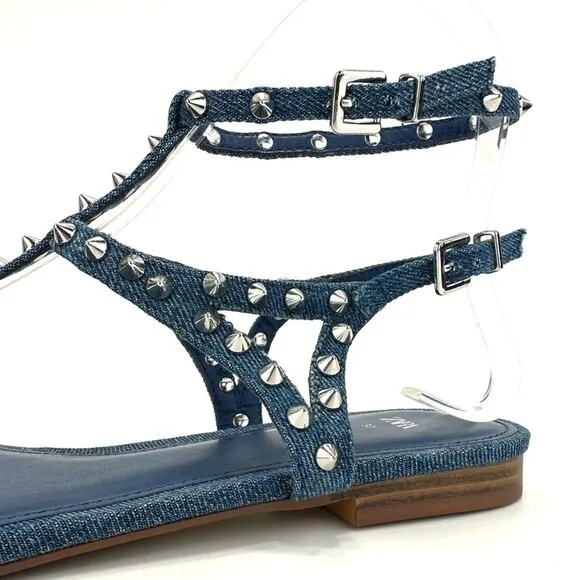 ZARA BLUE DENIM STUDDED GLADIATOR THONG TOE FLAT SANDALS🆕