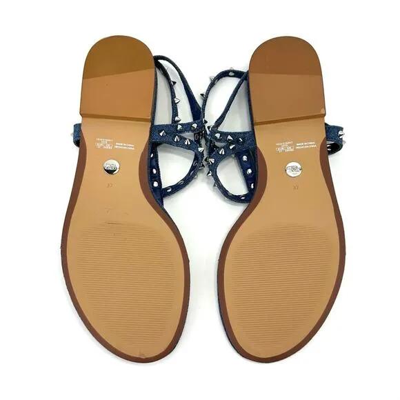 ZARA BLUE DENIM STUDDED GLADIATOR THONG TOE FLAT SANDALS🆕