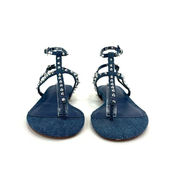 ZARA BLUE DENIM STUDDED GLADIATOR THONG TOE FLAT SANDALS🆕