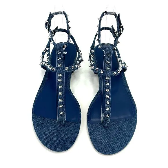 ZARA BLUE DENIM STUDDED GLADIATOR THONG TOE FLAT SANDALS🆕