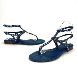 ZARA BLUE DENIM STUDDED GLADIATOR THONG TOE FLAT SANDALS🆕