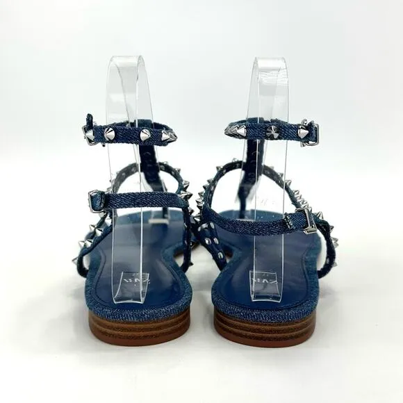 ZARA BLUE DENIM STUDDED GLADIATOR THONG TOE FLAT SANDALS🆕