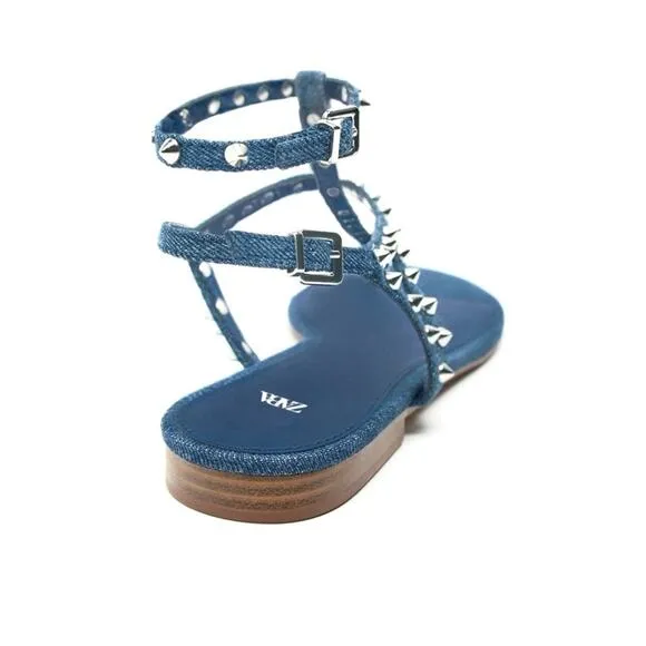 ZARA BLUE DENIM STUDDED GLADIATOR THONG TOE FLAT SANDALS🆕