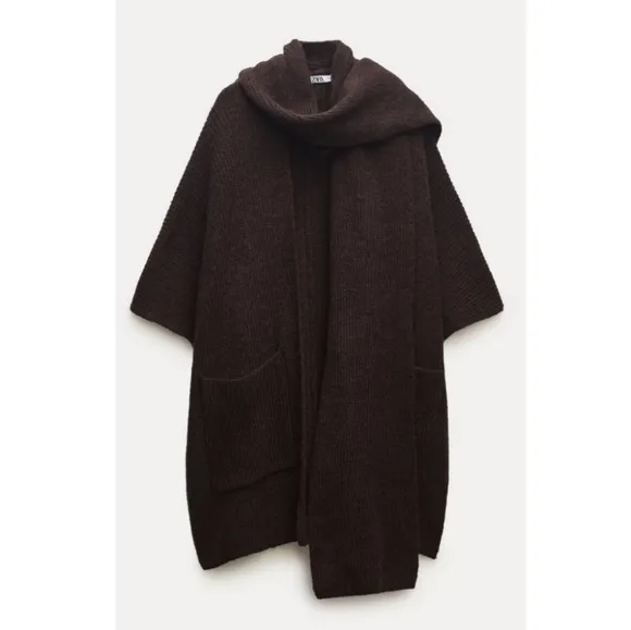 ZARA Cardigan Coat Cape Scarf Brown size S and M