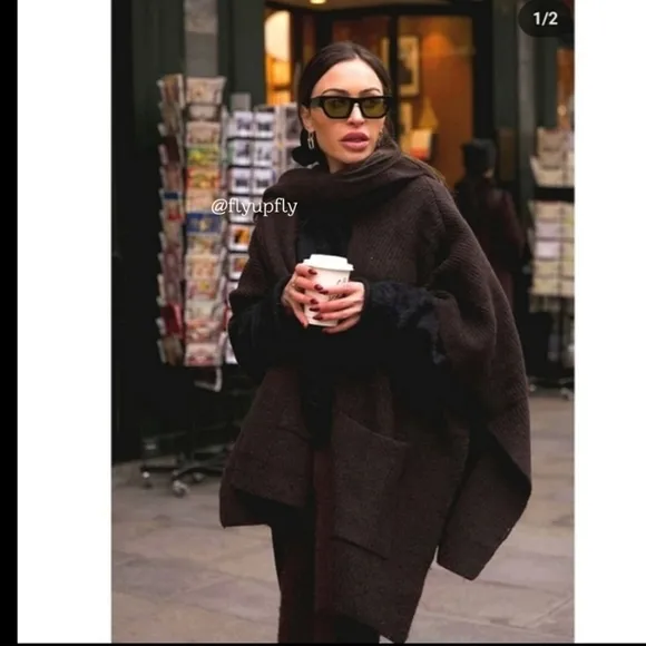 ZARA Cardigan Coat Cape Scarf Brown size S and M