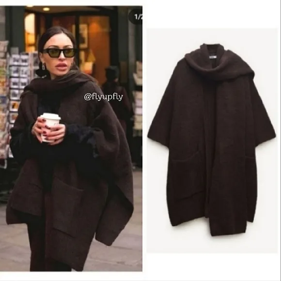 ZARA Cardigan Coat Cape Scarf Brown size S and M