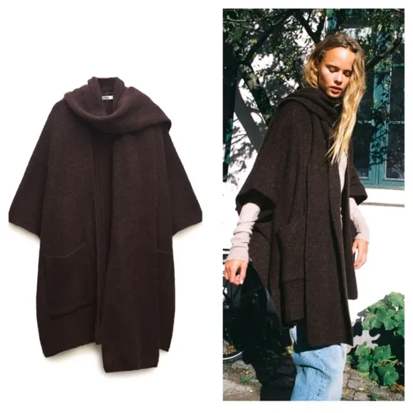 ZARA Cardigan Coat Cape Scarf Brown size S and M